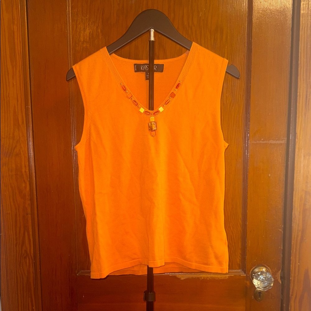 Kasper Petite Orange Embellished Sweater Top | Statement Neckline Workwear - M